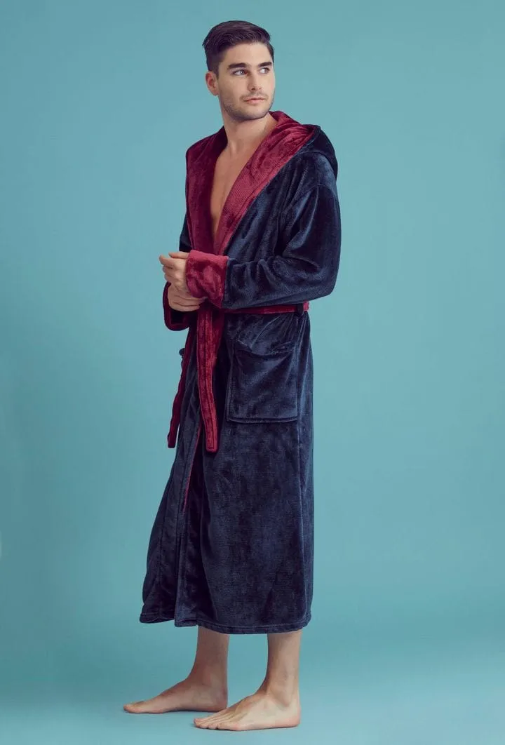 Men Plush Shawl Collar Robe, Fluffy Spa Robes, Winter Warm House & Hotel Robes (Navy & Red)
